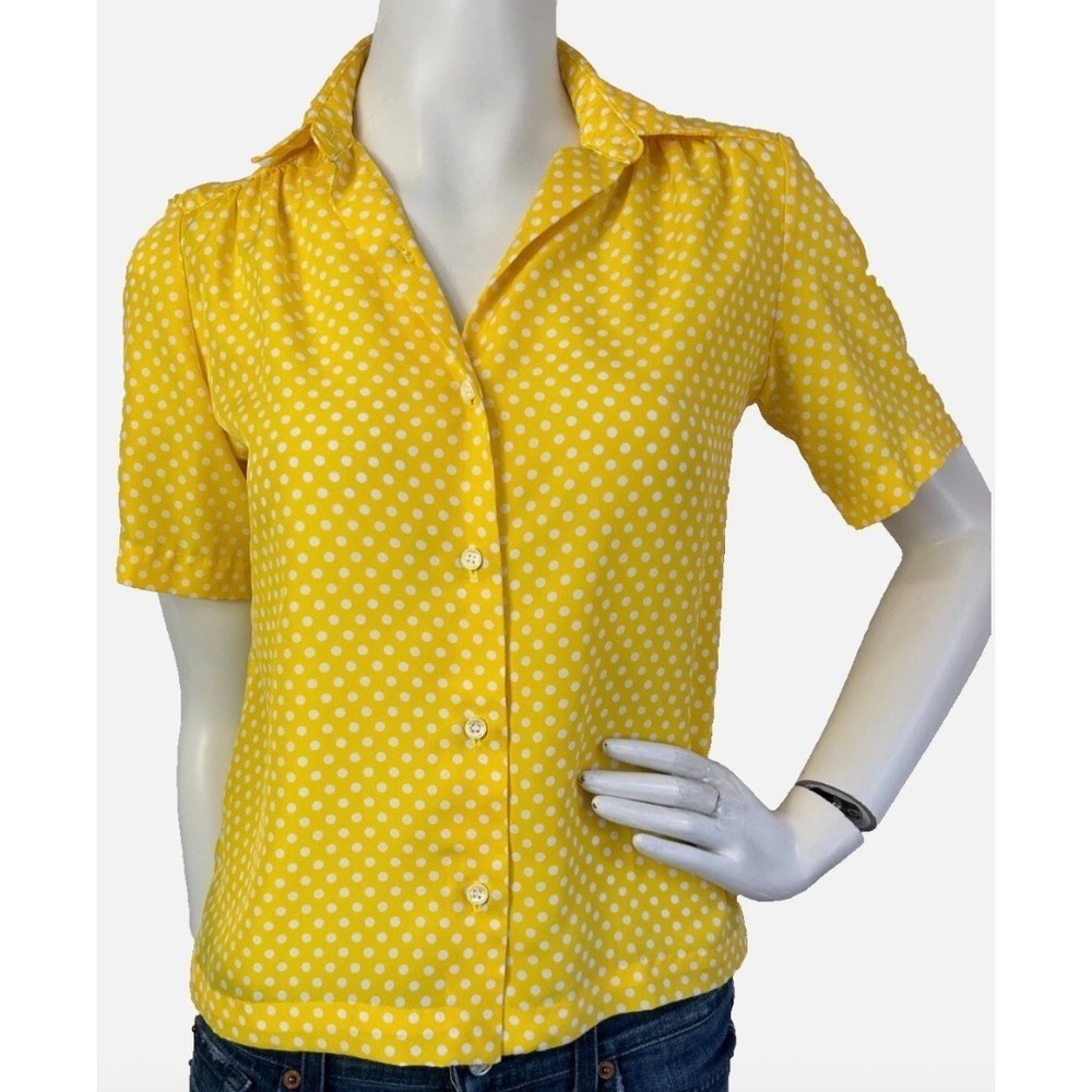 Vintage Polka Dot Blouse Size Small Yellow ButtonUp Short Sleeve Collared GUC